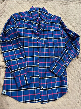Cremeux Slim Fit Stretch Oxford Plaid Oxford Shirt in Blue & Pink Size Small